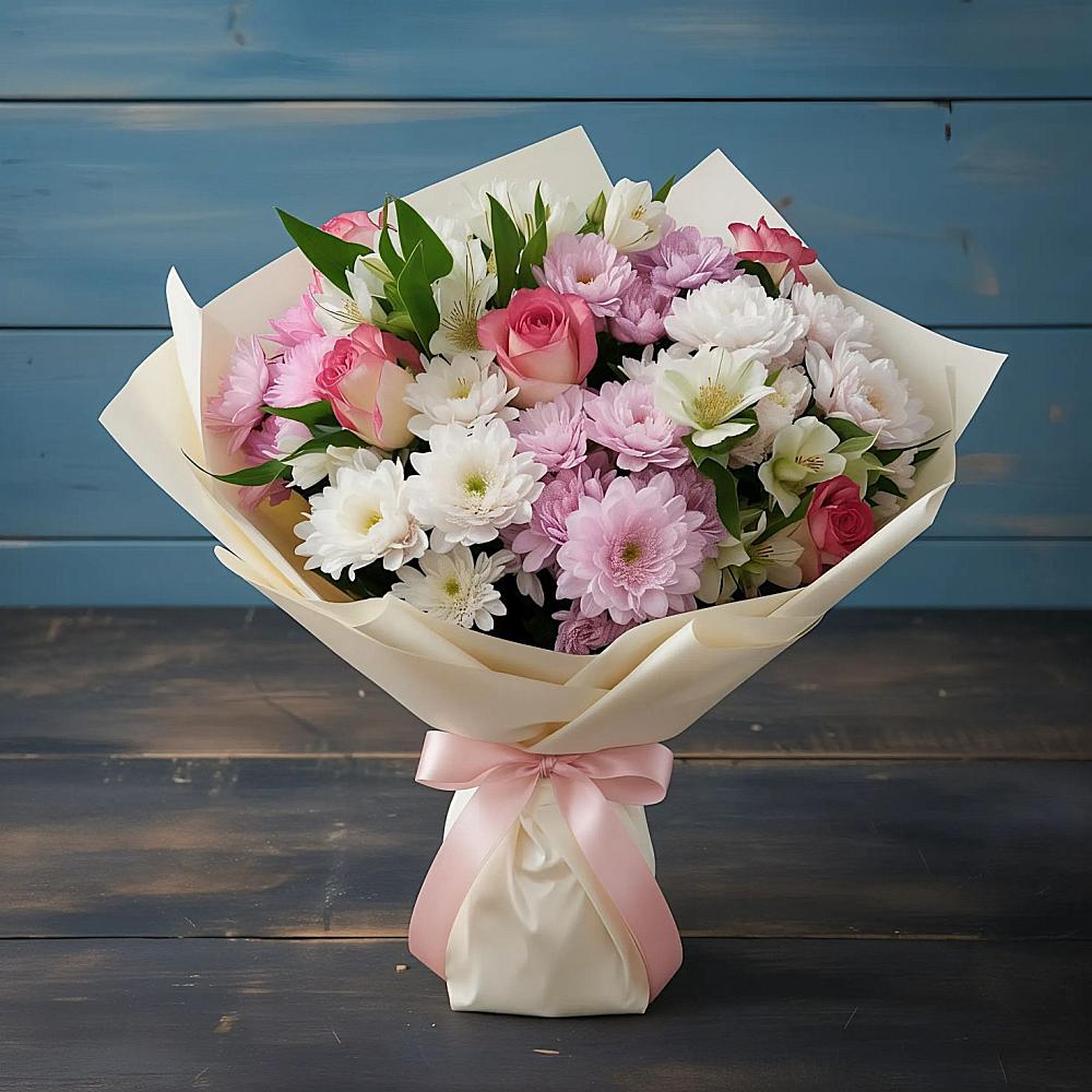 Букет цветов из: Хризантемы, Альстромерии и Розы в Алдане